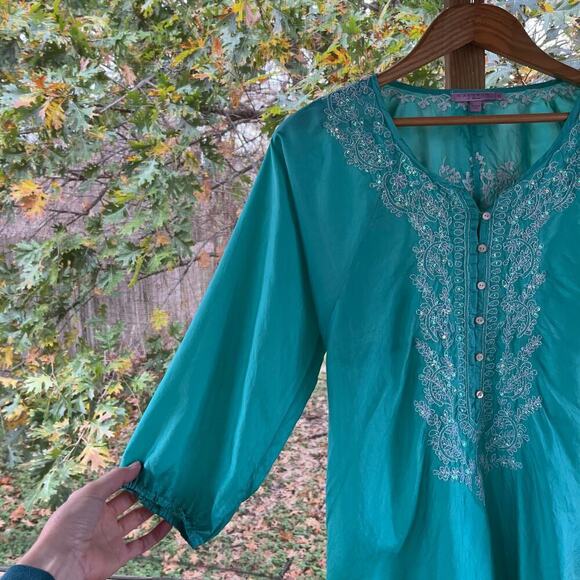 Calypso St Barth Women's Seafoam Green Beaded 100% Silk Blouse Size 0 - Picture 3 of 7